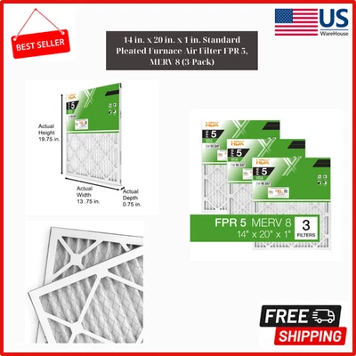 14X20X1 Pleated Air Filters Replacement For Furnace. MERV 8 AC HVAC FPR 5 3-Pack - Image 1 of 4