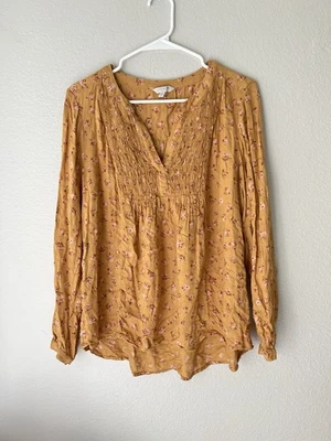 Lucky Brand Size L Yellow Ditsy Flower V-Smocked Neck Long Sleeve Peasant Top - Image 1 of 4