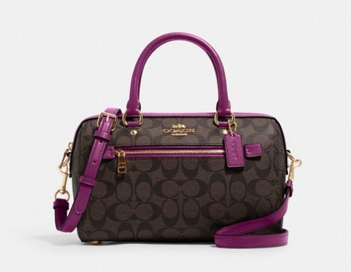 Borsa Coach Rowan nuova con etichette in pelle tela firmata marrone viola magenta scuro