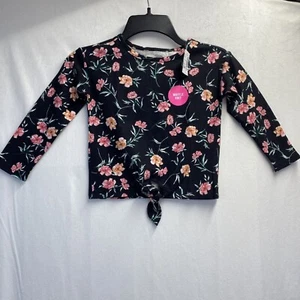 Children's Place Round Neck Long Sleeve Tie Front Top Girl Sz 4 Black Floral New - Picture 1 of 12