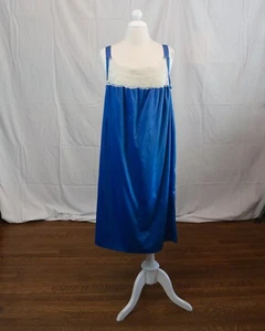 Vintage 50s 60s Intimates Midi Nightgown Royal Blue Satin White Lace Plus Size - Picture 1 of 4