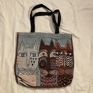 Cats Art Tote Bag Multicolor Polyester Blend Cat Print Zipper Strap Handles - Picture 1 of 23