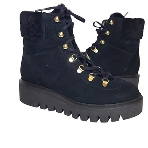 Stuart Weitzman combat boots Chalet lug Black Suede faux fur lace up Sz.8 new - Picture 1 of 12