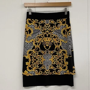 Joseph Ribkoff Skirt Womens 4 Black Gold Stretch Pencil Knit Slinky Overlay - Picture 1 of 9