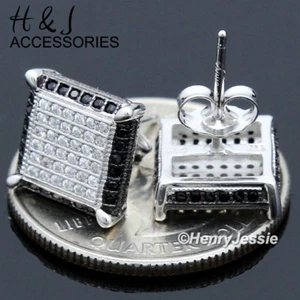 MEN 925 STERLING SILVER SQUARE 9MM BLACK/SILVER ICY BLING CZ STUD EARRING*E158 - Picture 1 of 3