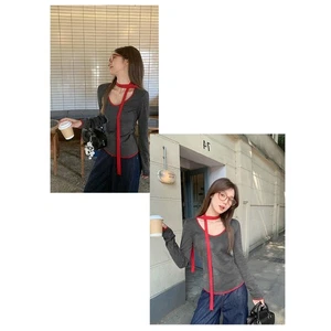 Leichtes Langarm Damen Top mit Kontrastfarbe und Schal Style - Picture 1 of 60