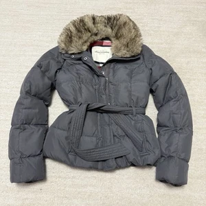 Abercrombie & Fitch Puffer Down Jacket Coat Faux Fur Hood Belted Gray Size XL - Picture 1 of 8