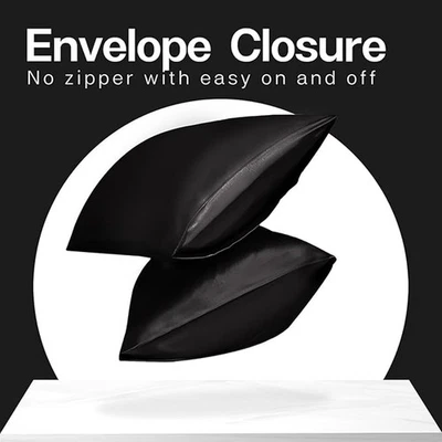 Paquete de 2 fundas de almohada de satén de seda, juego de 2 fundas de almohada tamaño queen, (20x30, negras) Foto 1 de 3