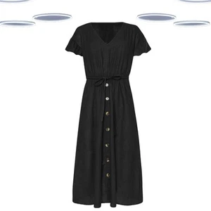 Ex Women’s Petite Size Frill Sleeve Button Through Midi Dress in Black (Defect) - Picture 1 of 5
