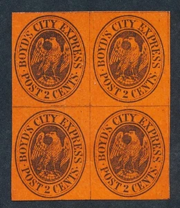 UNITED STATES (US) 20L16 2c BLACK ON RED BLOCK 4 BOYD'S LOCAL - Picture 1 of 2