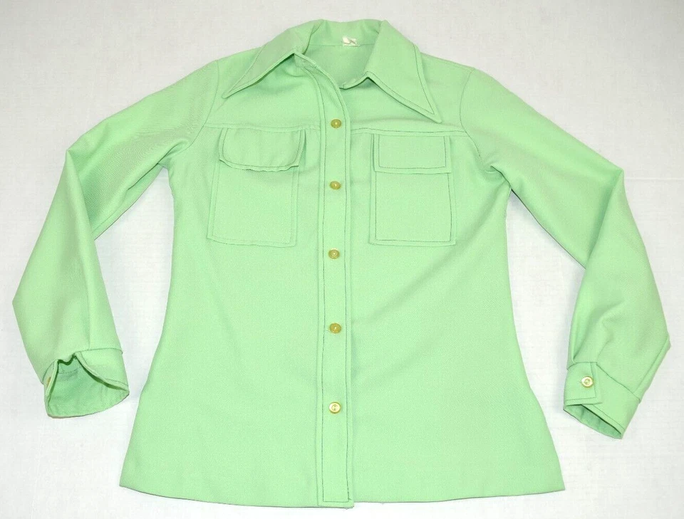 Vintage Top Mod Leisure Shirt Size S/M 60s 70s Lime Mint 2 Flap Pocket Polyester - Image 1 of 4