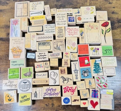 Gran lote de aprox. 80 estampillas de goma para manualidades montadas en madera varias marcas Foto 1 de 4