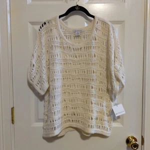 NEW Liz Claiborne Women's Ivory Cotton Pullover Short Sleeve Sweater   Size XL - Picture 1 of 9