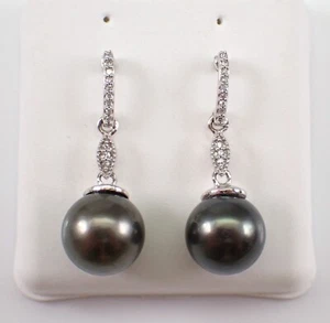 Black Tahitian Pearl and Diamond Dangle Earrings 14K White Gold Jewelry Gift - Picture 1 of 5