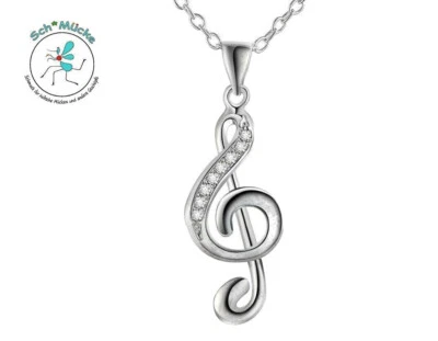 Halskette Sterling Silber 925 Notenschlüssel Zirkonia Glücksbringer Geschenkidee - Bild 1 von 3