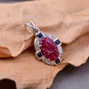 Rare Pink Ruby,Sapphire,Diamond 925 Sterling Silver Pendant 1.25" 12x8 Mm. Rj-17 - Picture 1 of 3