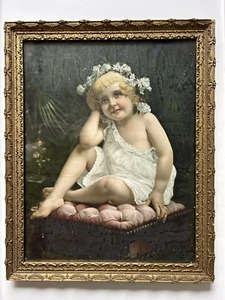 Antique Color Print 19x23 Frame Size, c.1930’s “Cherub” Child On Pillow - Picture 1 of 5