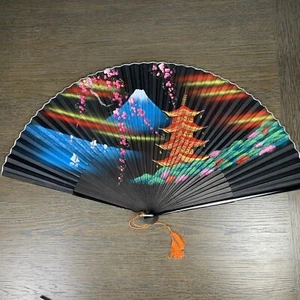 VTG Japan Mount Fuji Fan Hand Painted Lacquer Wood Wall Decor Mt Fuji 32” x 17” - Picture 1 of 12