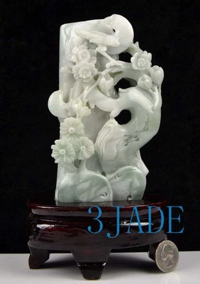 Estatua de flor de pájaro de jadeíta de grado A talla china con certificado Foto 1 de 4