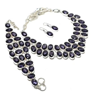 African Amethyst Gemstone Jewelry Set Gift Adjustable Chain Necklace Oval Shape - Picture 1 of 12