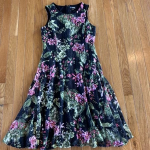 Tommy Hilfiger Black Floral Sleeveless A-Line Flowy Midi Dress Women's Size 6 - Picture 1 of 6
