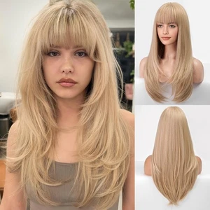 613 Blonde Wig With Bangs For Women Long Straight Wigs Synthetic Layered Hair... - Picture 1 of 5