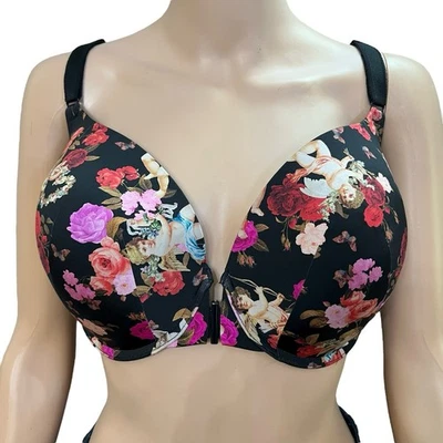 Sujetador Torrid Perfect Front Close Boost 40DD Floral Cupido Querubín Estampado Negro Con Cable Foto 1 de 4
