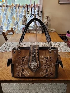 Brown Floral W/ Rhinestones Concealed Carry Purse With Silver Colored Hardware - Picture 1 of 13