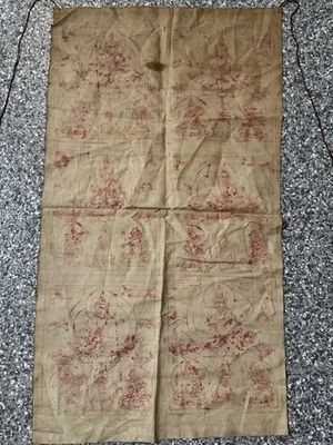 ANTIGUA IMPRESIÓN EN MADERA BUDISTA TIBETANA MONGOL SOBRE ALGODÓN Foto 1 de 4