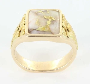 GOLD QUARTZ/NUGGET *OROCAL* MEN'S HAND-CRAFTED 10K SQUARE RING - Picture 1 of 10