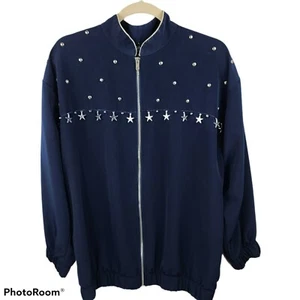 DE COLECCIÓN Chaqueta Rompevientos con Hilos Plateados Para Mujer Estrella Azul Mediana con Tachuelas con Cremalleras - Imagen 1 de 8