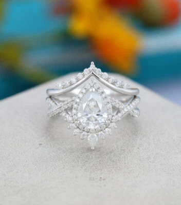 3Ct White Pear & Round Cut CZ Bridal Wedding Ring Set Solid 925 Sterling Silver - Image 1 of 4