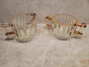 Vintage Glass Creamer and Sugar Bowl Jeanette Clear With Gold Trim - Picture 1 of 3
