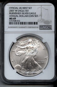 2007-W ANNUAL $1 SET burnished SILVER EAGLE - NGC MS69 - NGC BROWN LABEL - Picture 1 of 2
