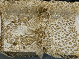 Gold Iridescent Geometric Damask Design on a Nude 4 Way Stretch Mesh Lace - Picture 1 of 6