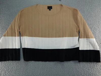 Lumiere Pullover Knit Sweater Crop Top Sz M Tan White Black Wide Arm Round Neck - Image 1 of 4