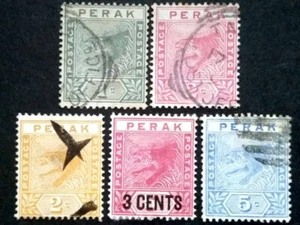 Straits Settlements 1892 1895 Perak Malaya Tiger Complete Set - 5v Used #1 - Picture 1 of 2