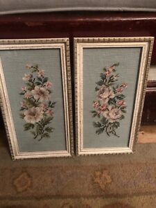 Set Of 2 Vintage Framed Needlepoint Wall Art Flowers Shabby Chic