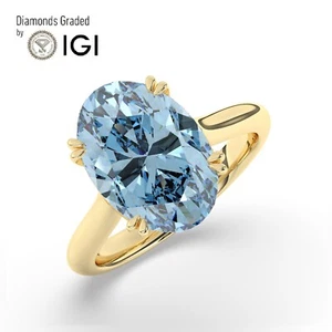 Oval Solitaire 14K Yellow Gold Vivid Blue Engagement Ring, 5.05 ct,Lab-grown IGI - Picture 1 of 19