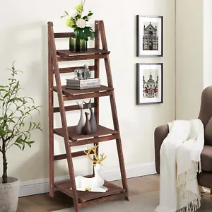4 Tier Foldable Ladder Plant Stand Flower Pot Rack Wooden Shelf Display Holder - Picture 1 of 22