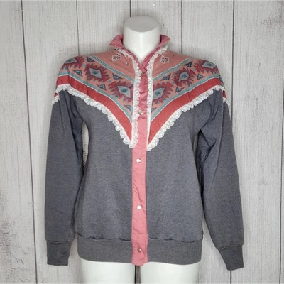 Vintage Upcycled Handmade Pastel Western Bandana Cardigan Sweater, sz Large - Image 1 of 4