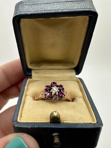 Anello margherita vittoriana 14 kt diamante taglio miniera antico e oro rosa 6 rubini - Foto 1 di 15