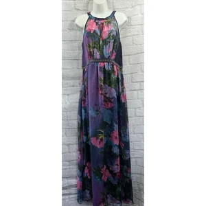 Ice Blossom Chiffon Maxikleid Größe 18 Perlen Taille Blumenmuster blau pink lila neu mit Etikett - Bild 1 von 15