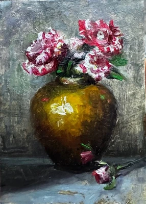 ACEO ORIGINAL hand made oil painting -“Niel Diamon roses in a brass vase” - Image 1 of 3