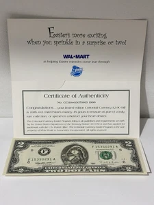 Rare 1999 Walmart Cottontail Currency $2 Bill Easter Promo with COA & Card - Picture 1 of 8