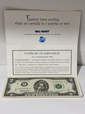 Rare 1999 Walmart Cottontail Currency $2 Bill Easter Promo with COA & Card - Image 1 of 4