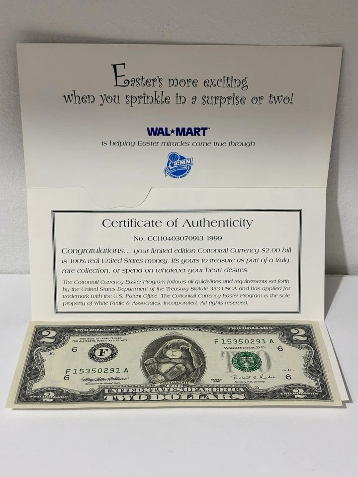 Rare 1999 Walmart Cottontail Currency $2 Bill Easter Promo with COA & Card - Image 1 of 4