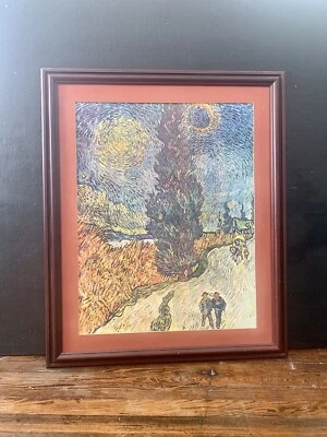 Large Van Gogh Wall Art Print Framed 36” x 29” Road With Cypress And Star - Image 1 of 4