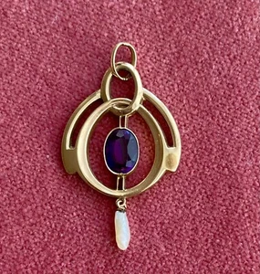 Antique Art Nouveau 14ct Hallmarked Lavaliere with amethyst & drop seed Pearl. - Picture 1 of 3