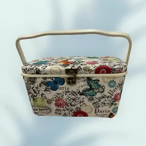 Padded Sewing Basket, Large Tray, Metal Clasp Fun French Theme Fabric - Picture 1 of 5